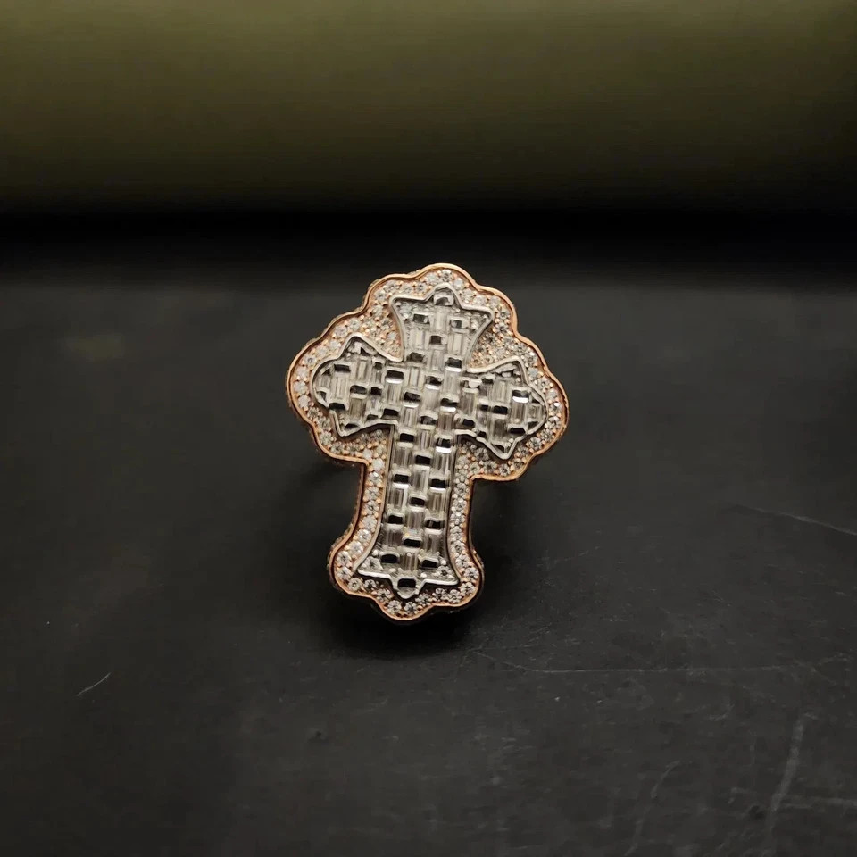 5TCW Baguette Lab Created Diamond 14k Rose Gold Plated Men’s Custom Cross Ring