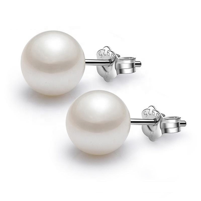 Round Shape Lab Created Shell Pearl Stud Earrings for Women in 925 Silver