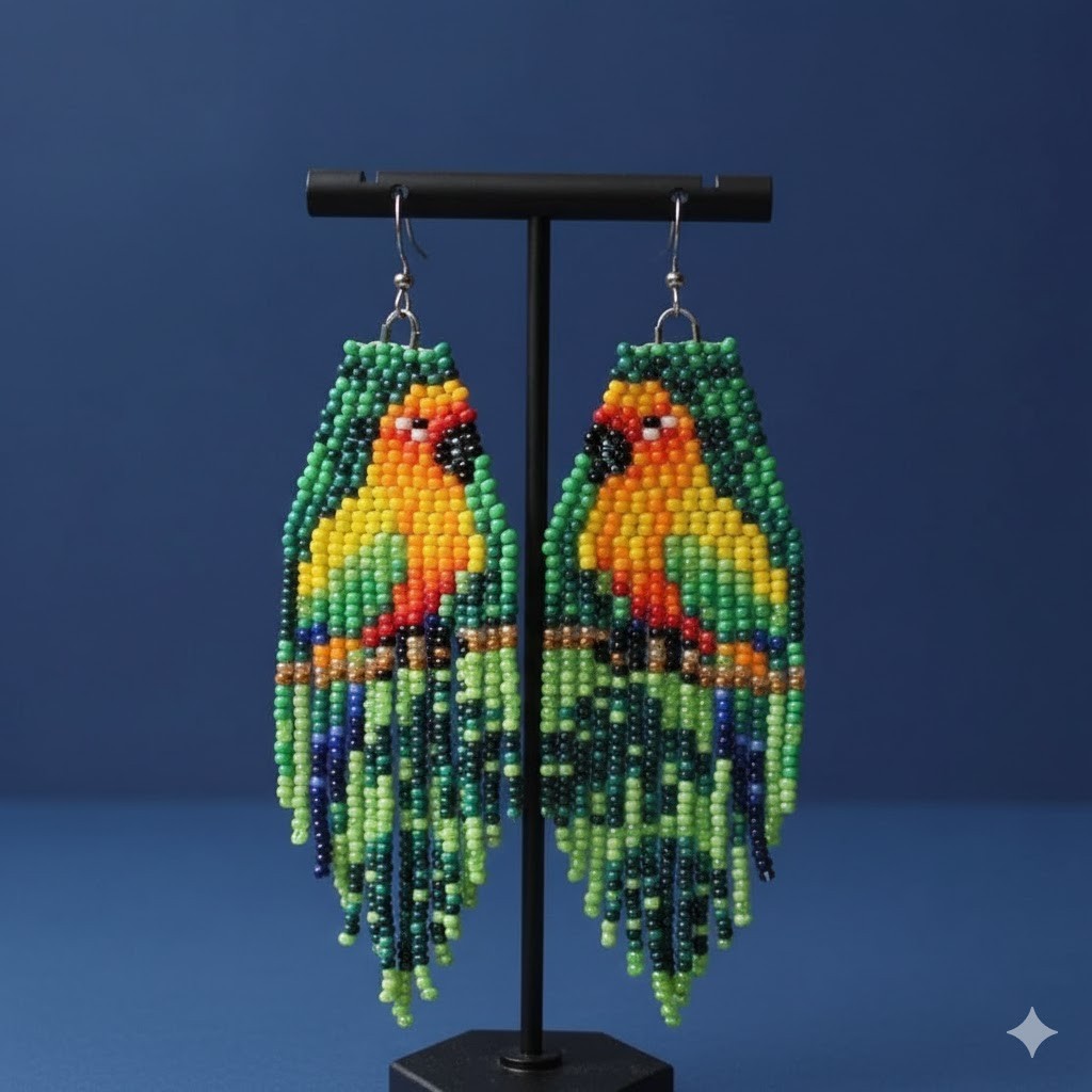 Parrot Tribal Earrings Native Boho American Seed Beads Handmade Earring