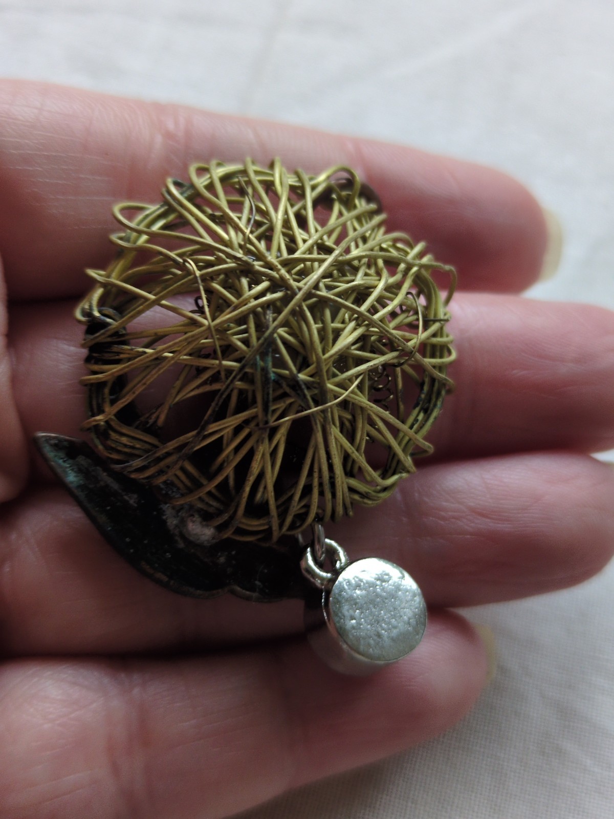 VTG Wirework Bird Nest W/Copper Bird, Eggs And Rhinestones Accents Pendant, 2″