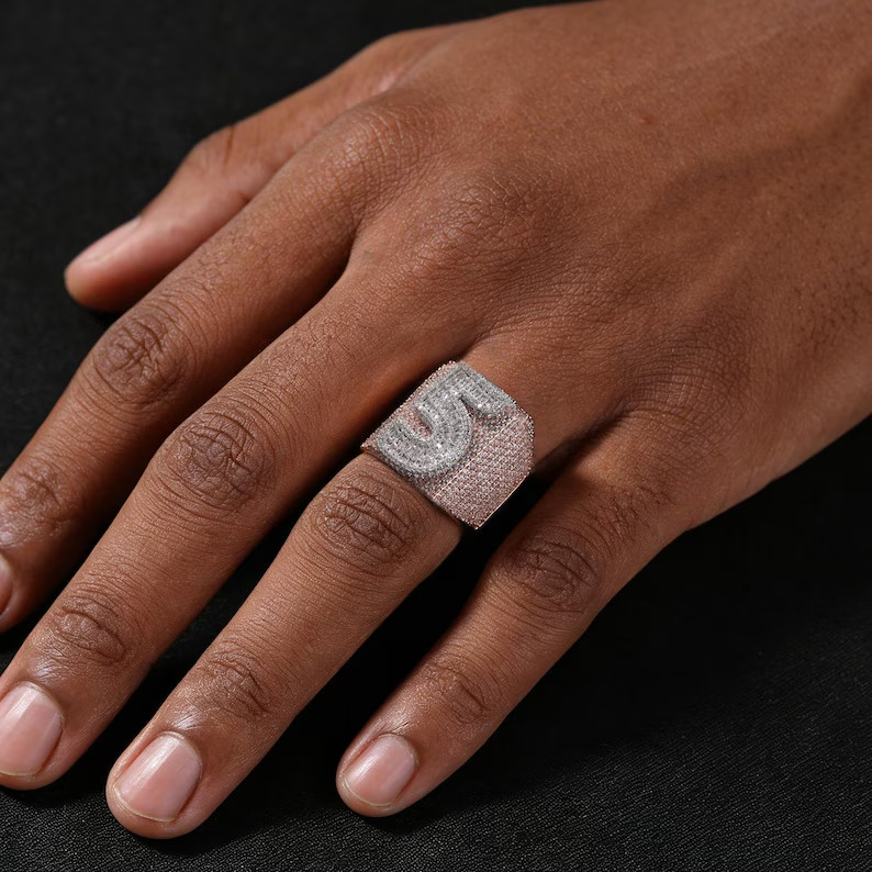 4TCW Round Cut Lab Created Diamond Men’s Custom Number Ring 14k Rose Gold Plated