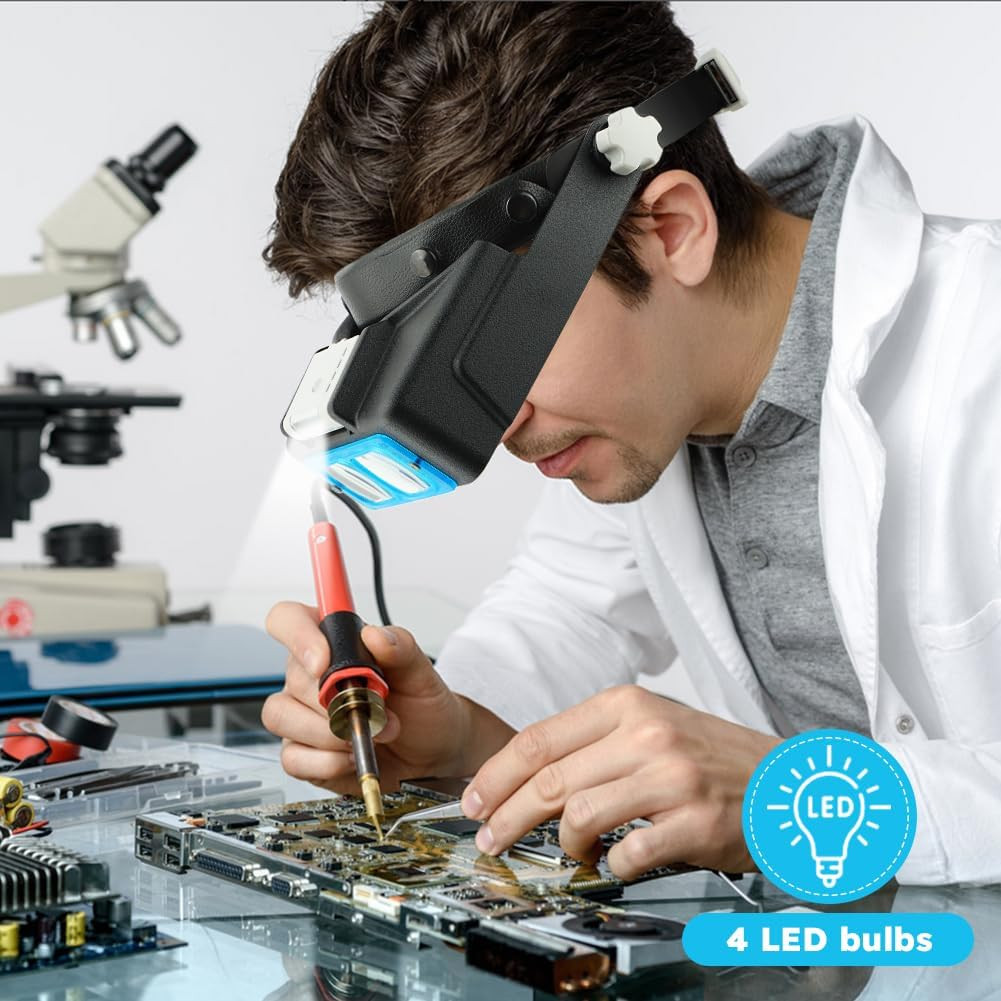 Headband Magnifier with LED Light USB Rechargeable 4 Lens Set for Close Work Rea