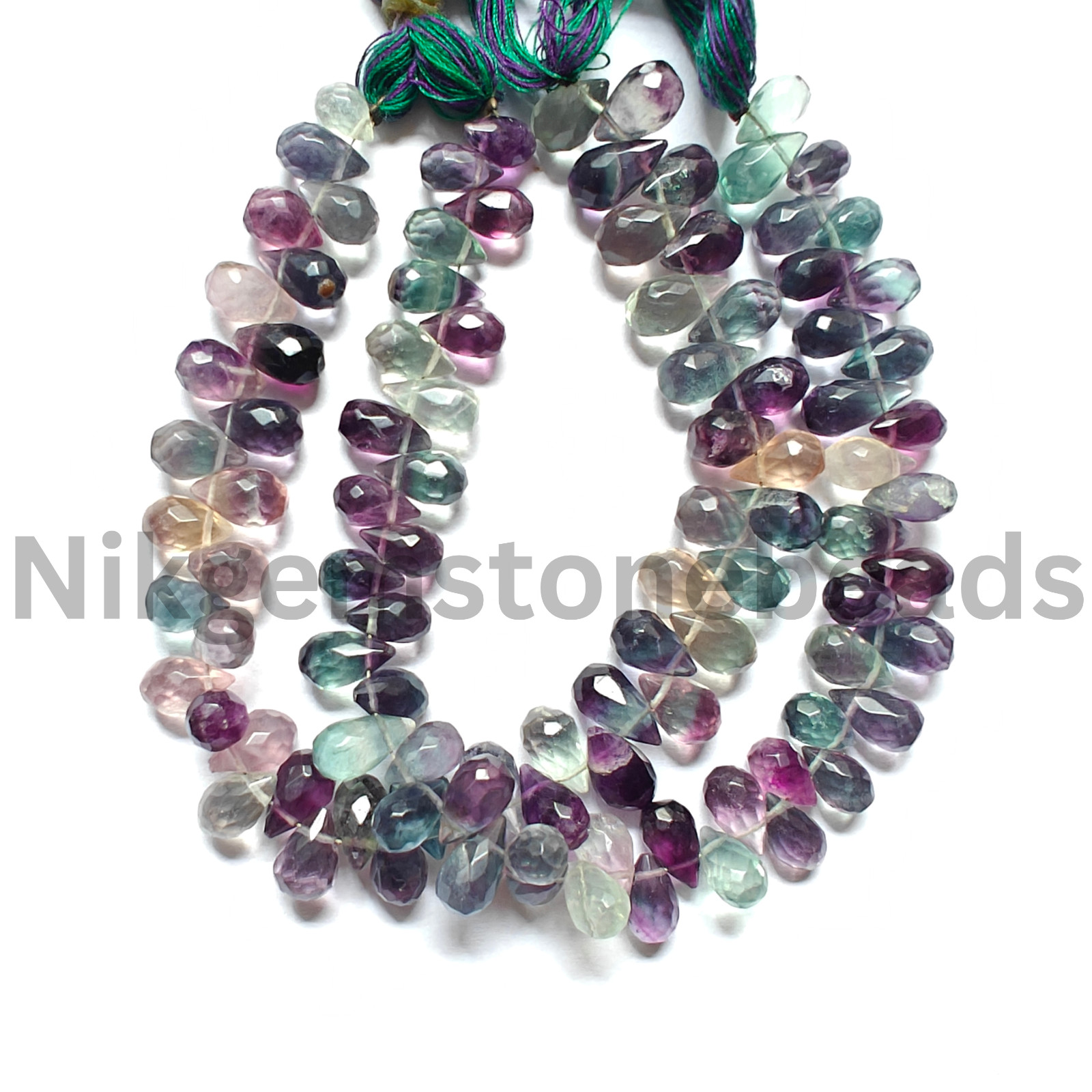 Natural Multi Fluorite Gemstone, Briolette Faceted Drop Cut Beads, 9.00-11.00 MM