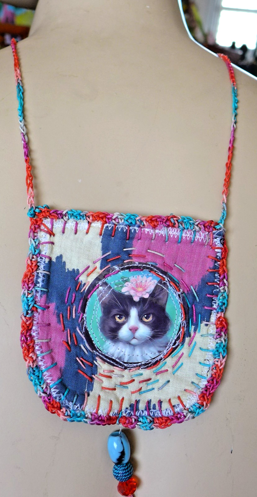Handmade Crocheted art Necklace Cotton Fabric embroidered crocheted+ Beads