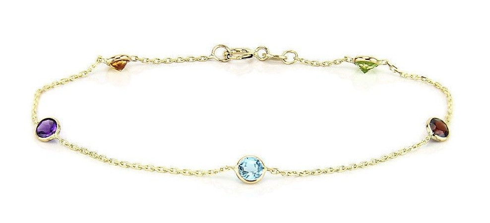 14K Yellow Gold Anklet Bracelet With Round Gemstones 9.5 Inches