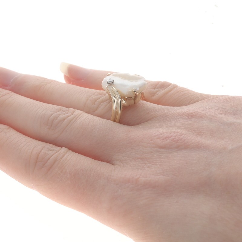 Yellow Gold Baroque Cultured Pearl Diamond Bypass Ring – 14k