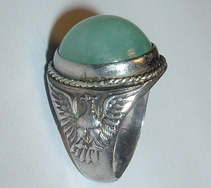 Antique Chinese EXPORT ‘SILVER’ JADE DOME RING *Phoenix Bird *Pagoda *Size; 9