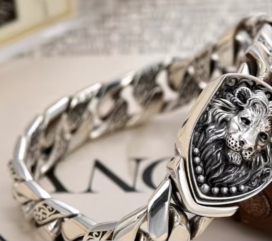 Men’s Lion Bracelet Cuban Chain Style S925 8.7″