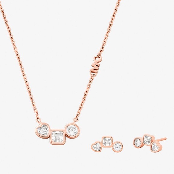 NWT💗Michael Kors Cubic Zirconia Necklace and Stud Earrings Gift Set Rose Gold