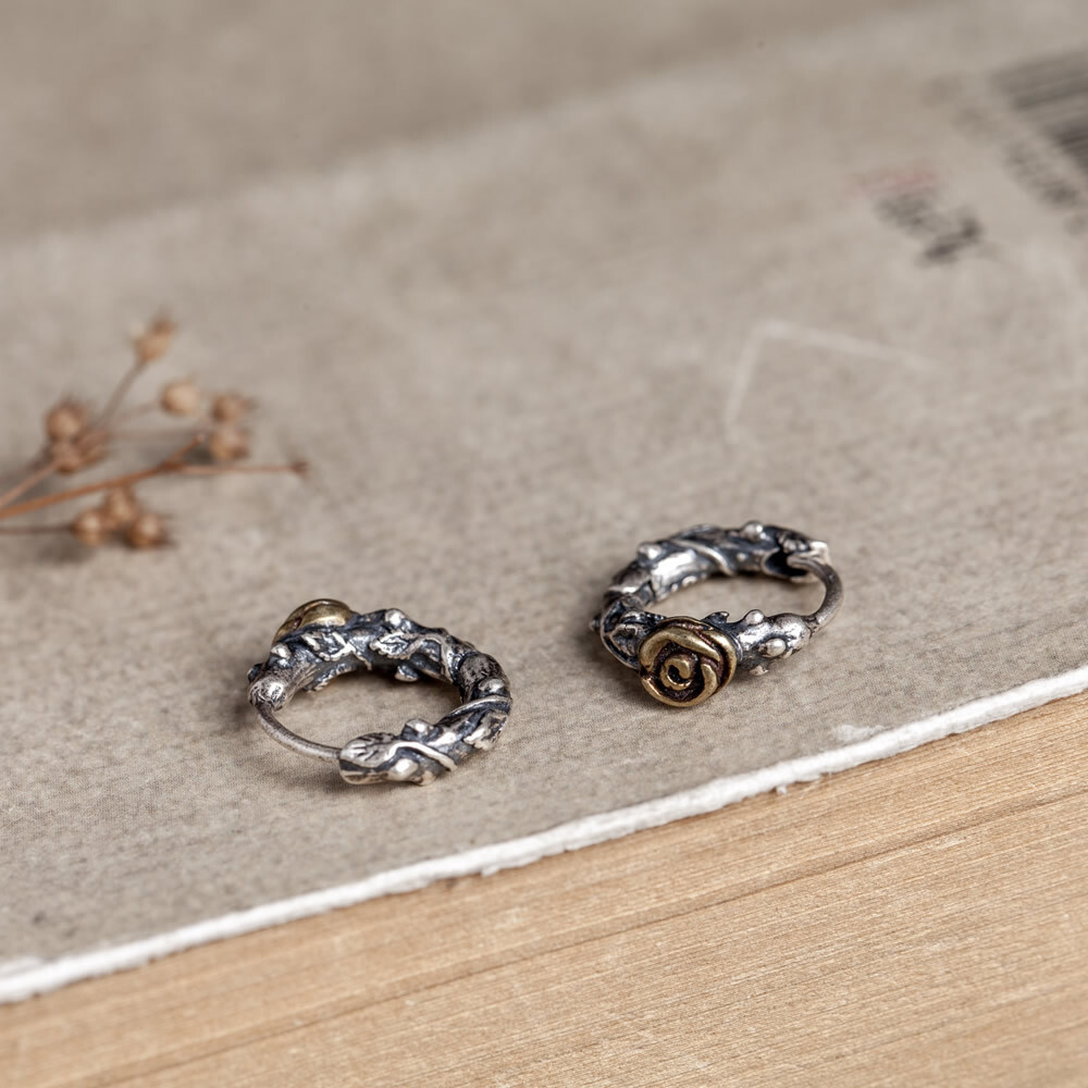 Classic Gold Rose Flower Thorn Earrings S925 Sterling Silver Ear Hoop Earrings