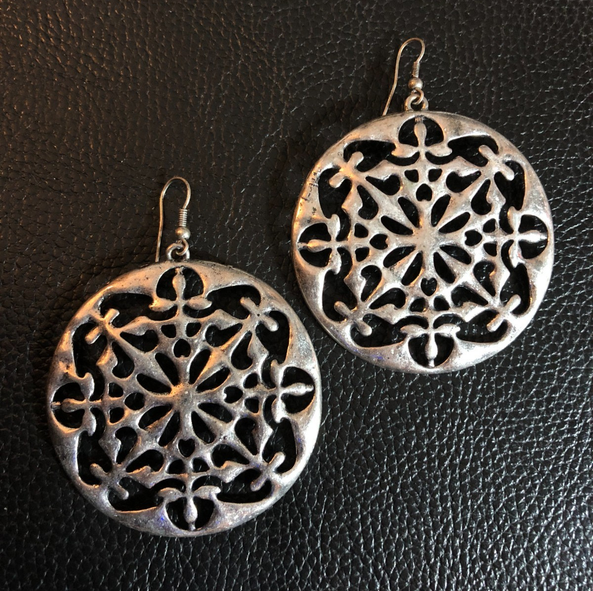 SILVER Big Statement EARRINGS Fashion Oxidized Finish Medallion Boho 2.75″ 8035