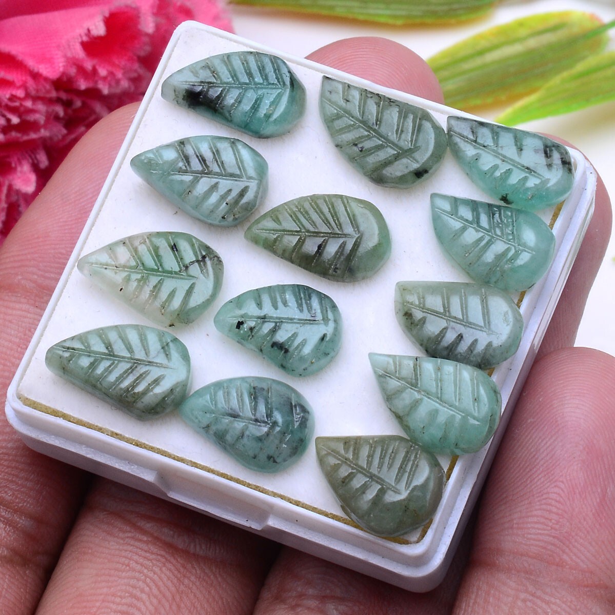 13 Pcs Natural Emerald Untreated 11mm-14mm Leaf Hand Carving Huge Gemstones Lot