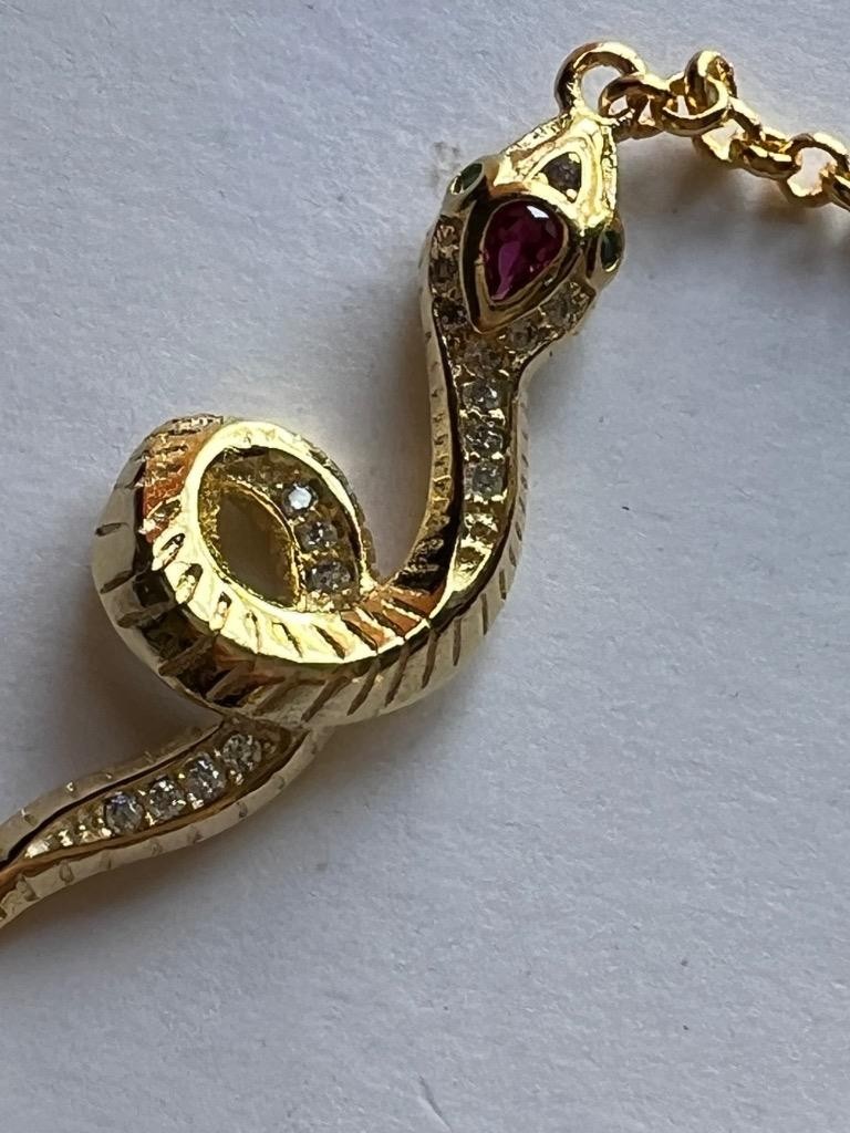 REAL 14K Y Gold on Solid 925 ruby diamond Snake Bracelet Victorian Egyptian Rev.
