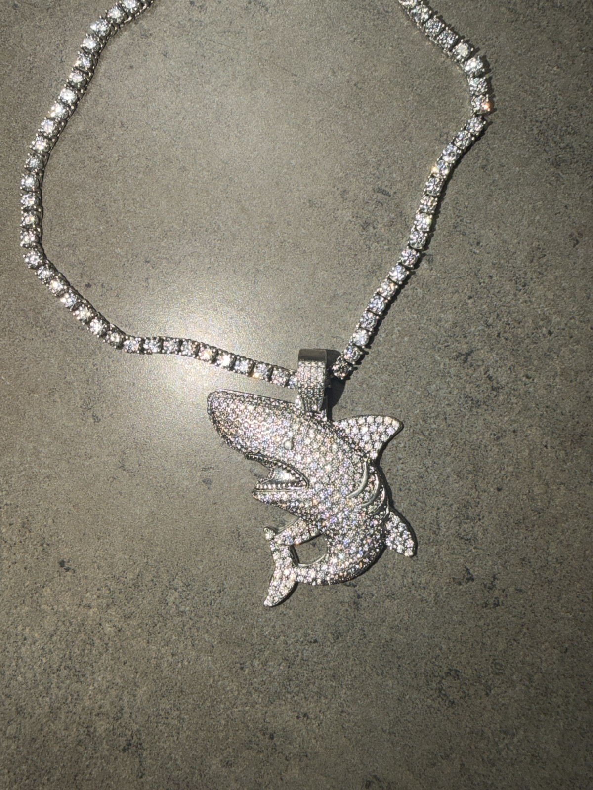 white gold moissanite tennis chain and shark pendant