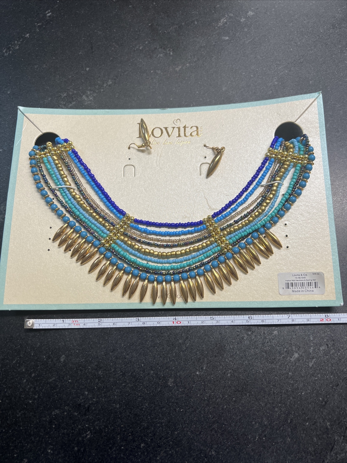 New With Tags Lovita & Co Harbor Mist Beaded Necklace & Golden Earring Set