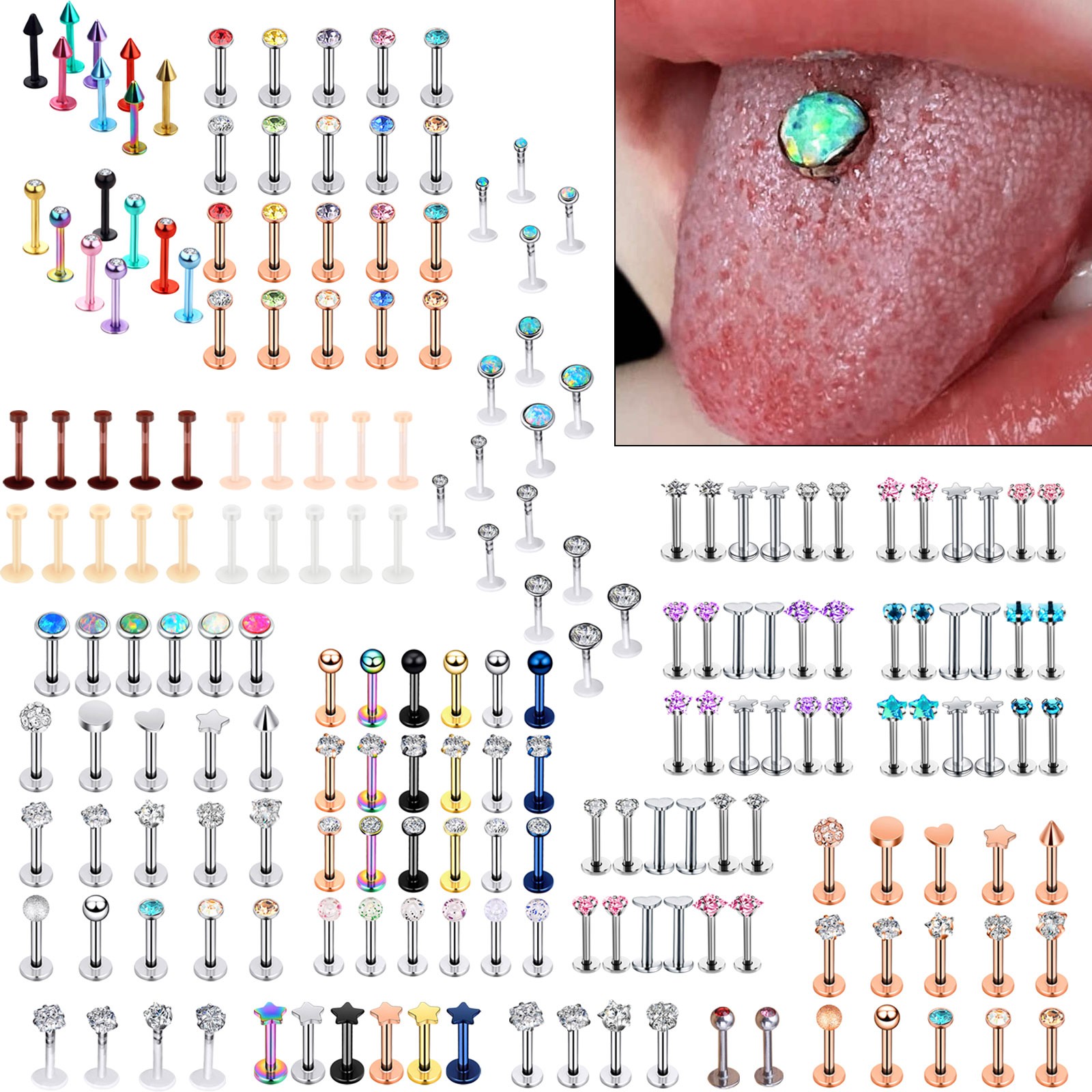 4-24PCS Labret Lip Monroe Tragus Ring Stud Opal Gem Helix Piercing Jewelry 16G