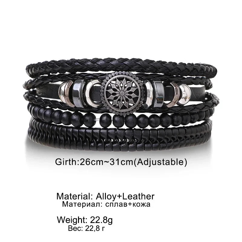 4Pcs/ Set Braided Wrap Leather Bracelets for Men Vintage Life Tree Rudder Charm