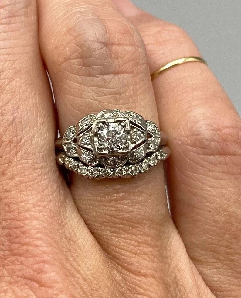 Art Deco Style 3Ct Round Cut Lab Created Diamond 925 Silver Engagement Ring Set
