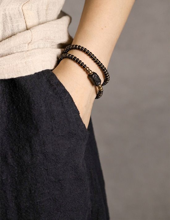 15-22cm Multi Layer Ebony Spacer Bracelet Black Wood Hand Carved Fashion Jewelry