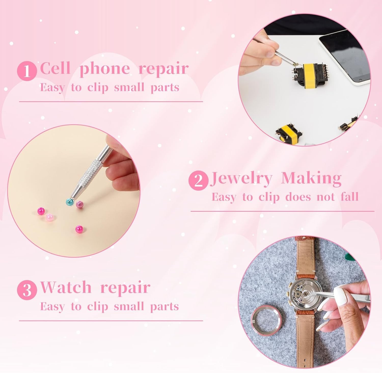 3 Pack Stainless Steel Locking Gemstone Tweezers for Jewelry Making
