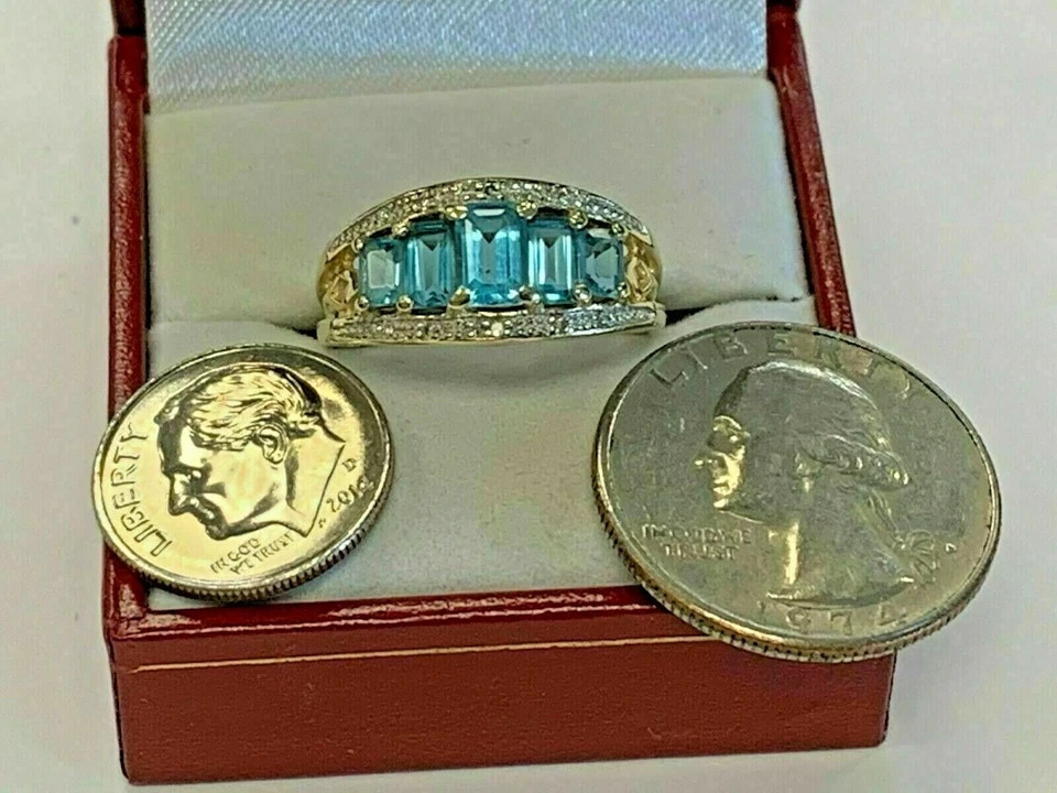 4.20Ct Emerald Cut Blue Topaz Five Stone Engagement Ring 14K Yellow Gold Finish