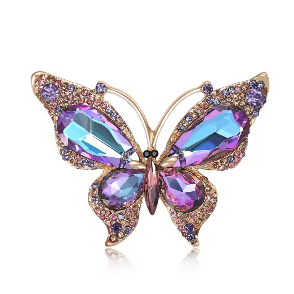 Vintage Style Butterfly Purple Crystal Rhinestone Brooch Gold Pin Summer Jewelry