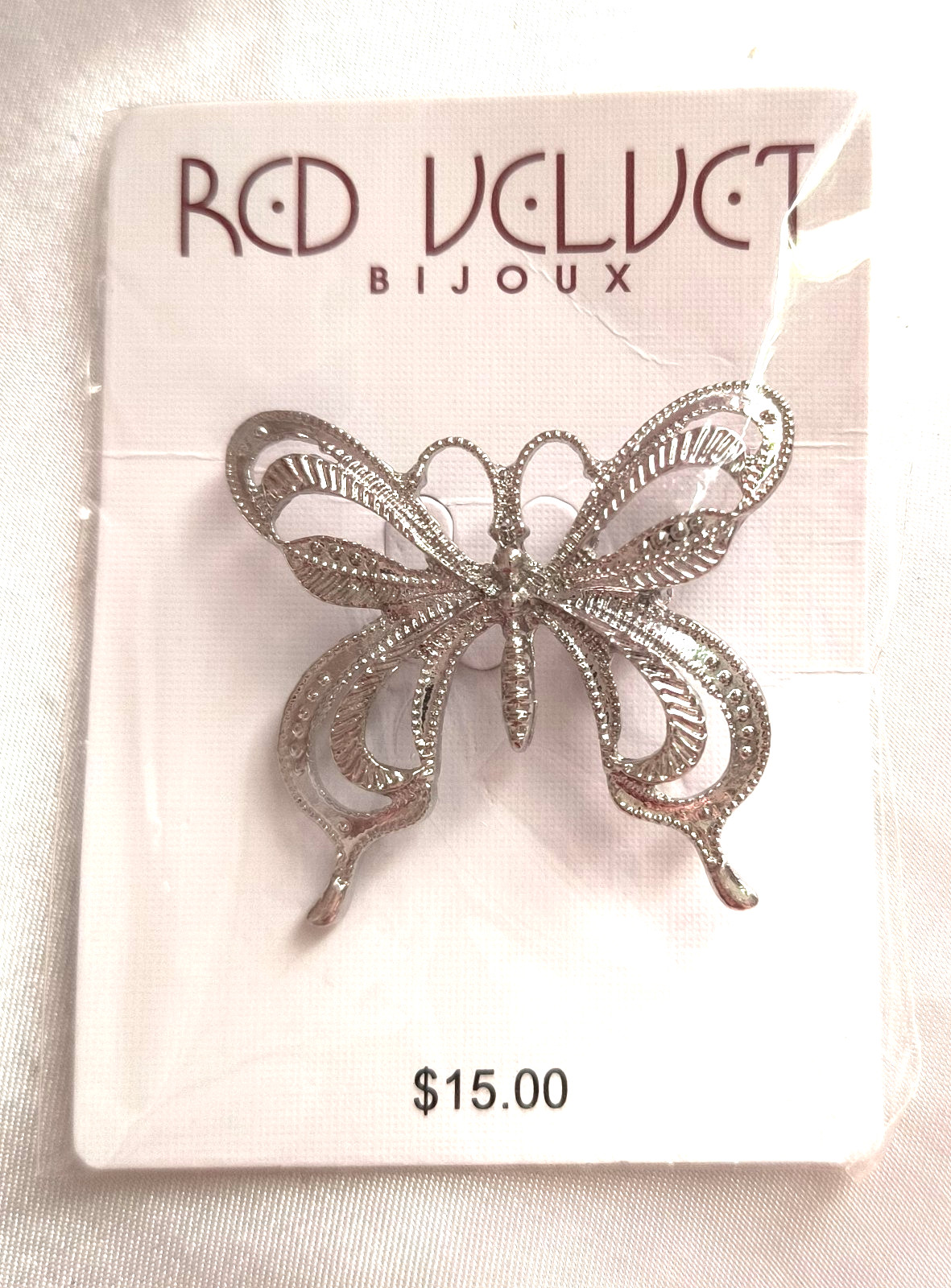 NEW Red Velt by Bijoux Women’s Jewelry Brooch Silvertone Butterfly 1.25″ x 1.25″
