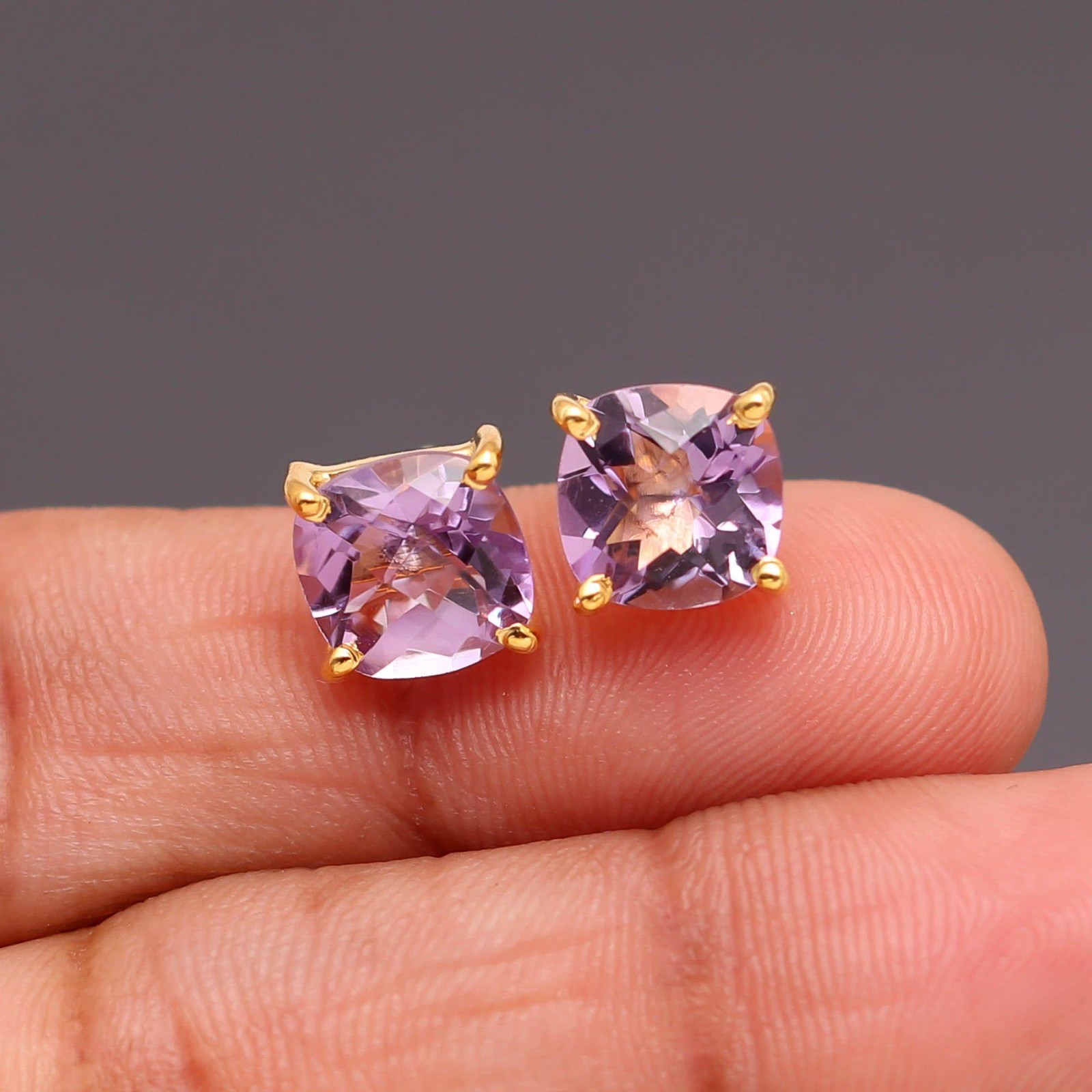 100% Natural Pink Amethyst Cushion Stud Earrings Gold Fill Solid Silver Jewelry