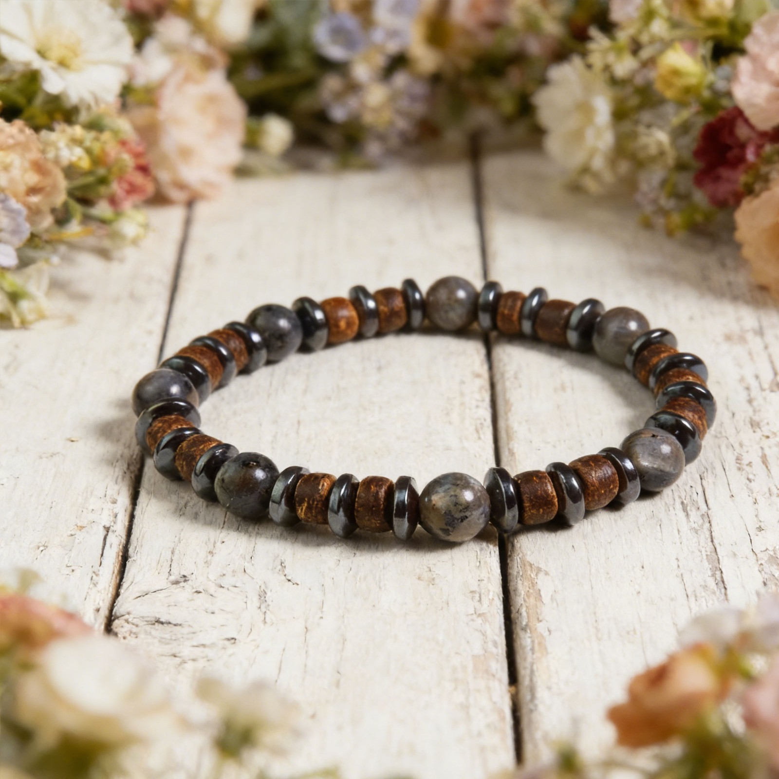 Larvikite Hematite Beaded Wood Coconut Shell Healing Crystal Women Men Bracelet