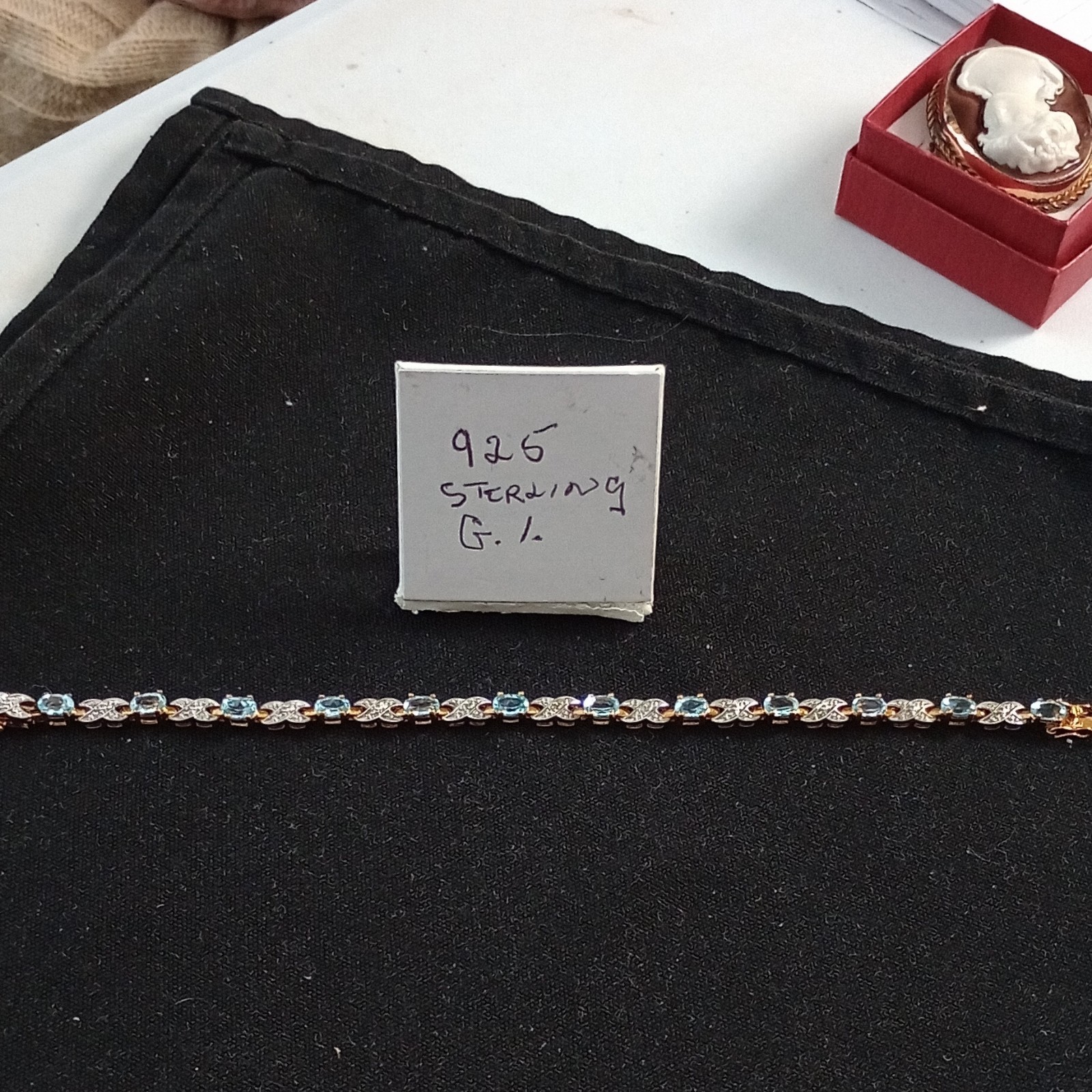 925 Sterling Silver Oval Link Chain Bracelet Blue Stone Box Clasp Signed