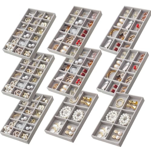 SPAKOWN Jewelry Organizer for Drawer Set of 9, Velvet Jewelry Tray Grey