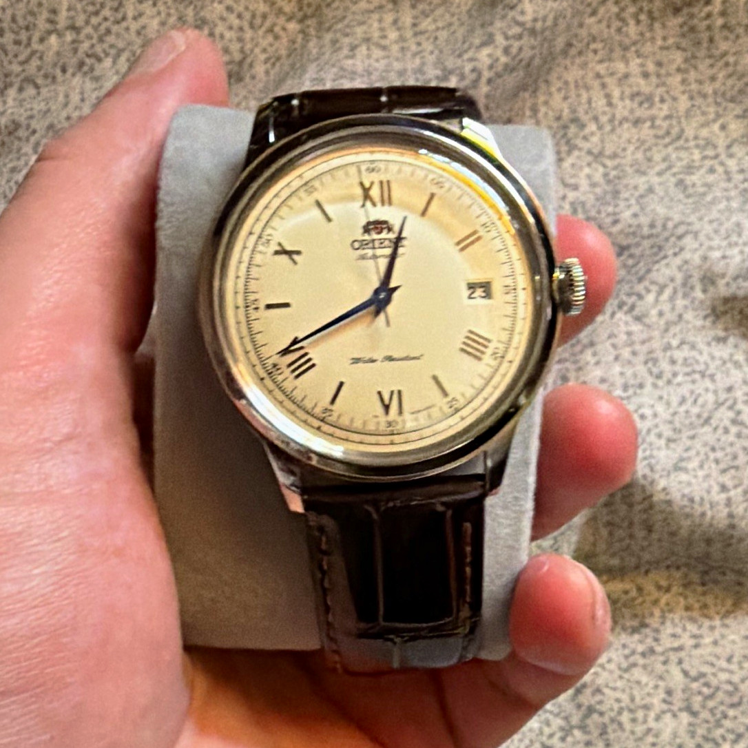 Orient Bambino Automatic Dress Watch Cream Roman Dial Brown Leather Date