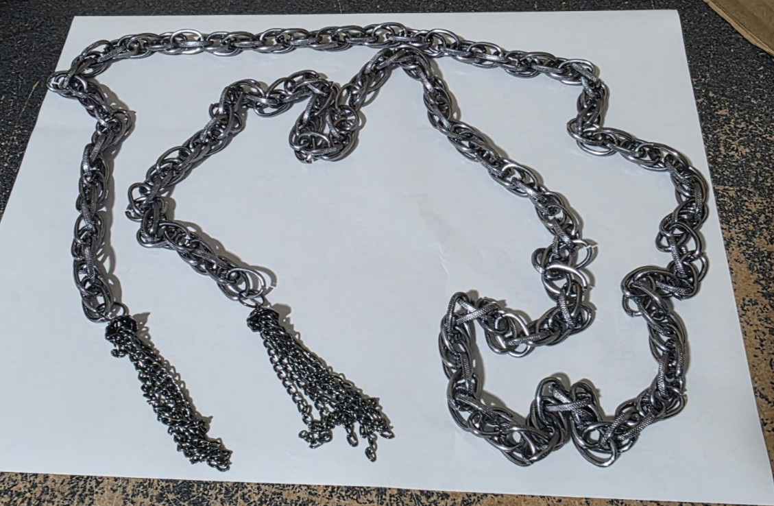 Vintage Women’s Wrap Around Long Steel Colored Metal Tasseled Necklace