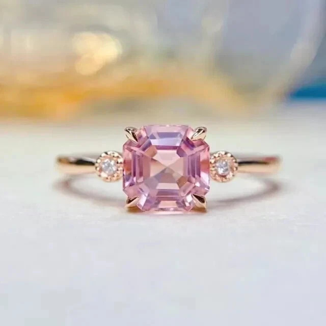 2Ct Asscher Cut Lab Created Pink Sapphire Engagement Ring 14K Rose Gold Plated