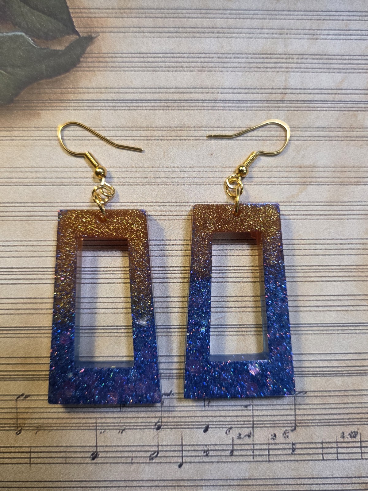 Blue & Gold Glitter Resin Rectangle Frame Dangle Earrings Ombre Effect 3 inch