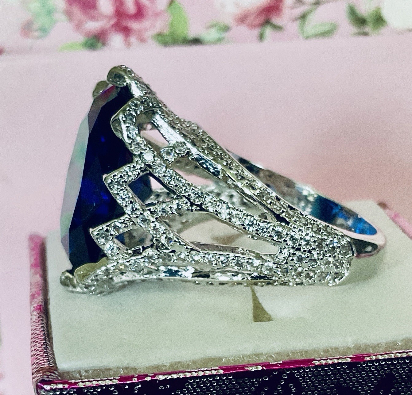 BLUE SAPPHIRE RING – 18X13mm Or 14.2ctw – TOTALLY ENCRUSTED .925 SS SETTING !!!