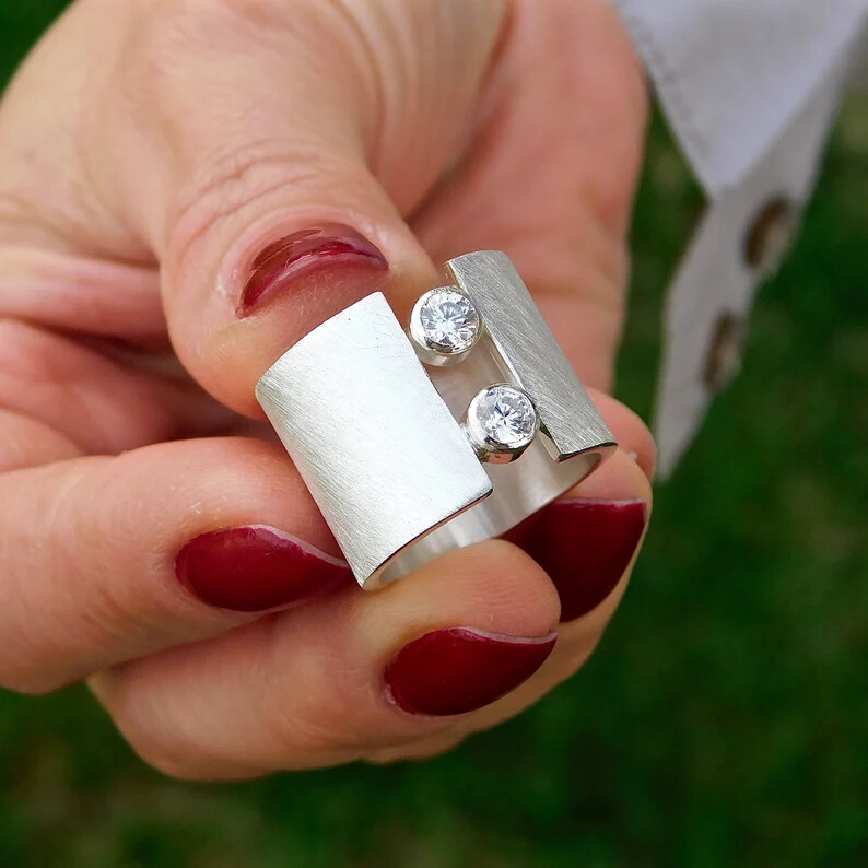 Crystal 925 Sterling Silver Wide Band& Statement Ring Handmade Ring All size