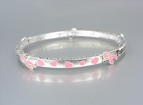 Silver BREAST CANCER AWARENESS Pink Ribbon HEARTS Stretch Stackable Bracelet