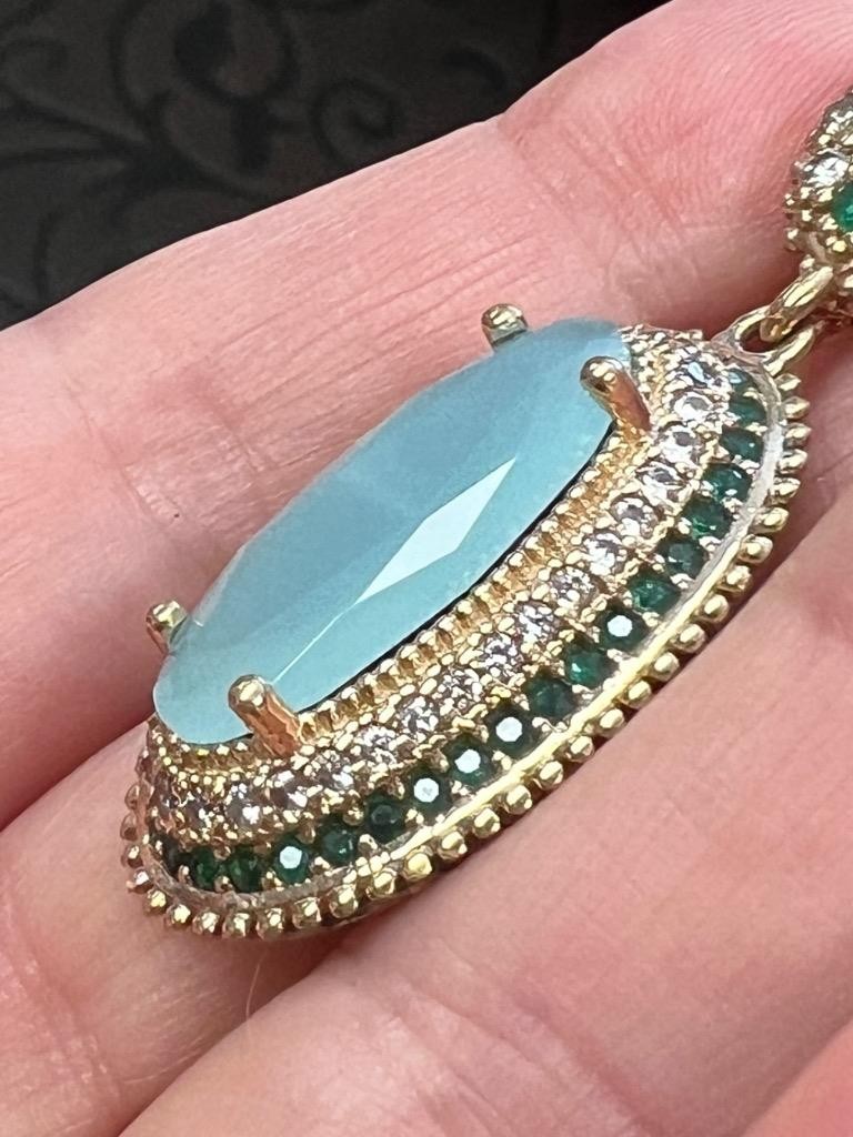 REAL Milky Aquamarine 14K Gold on SOLID 925 White Sapphire Victorian Rev Oblong