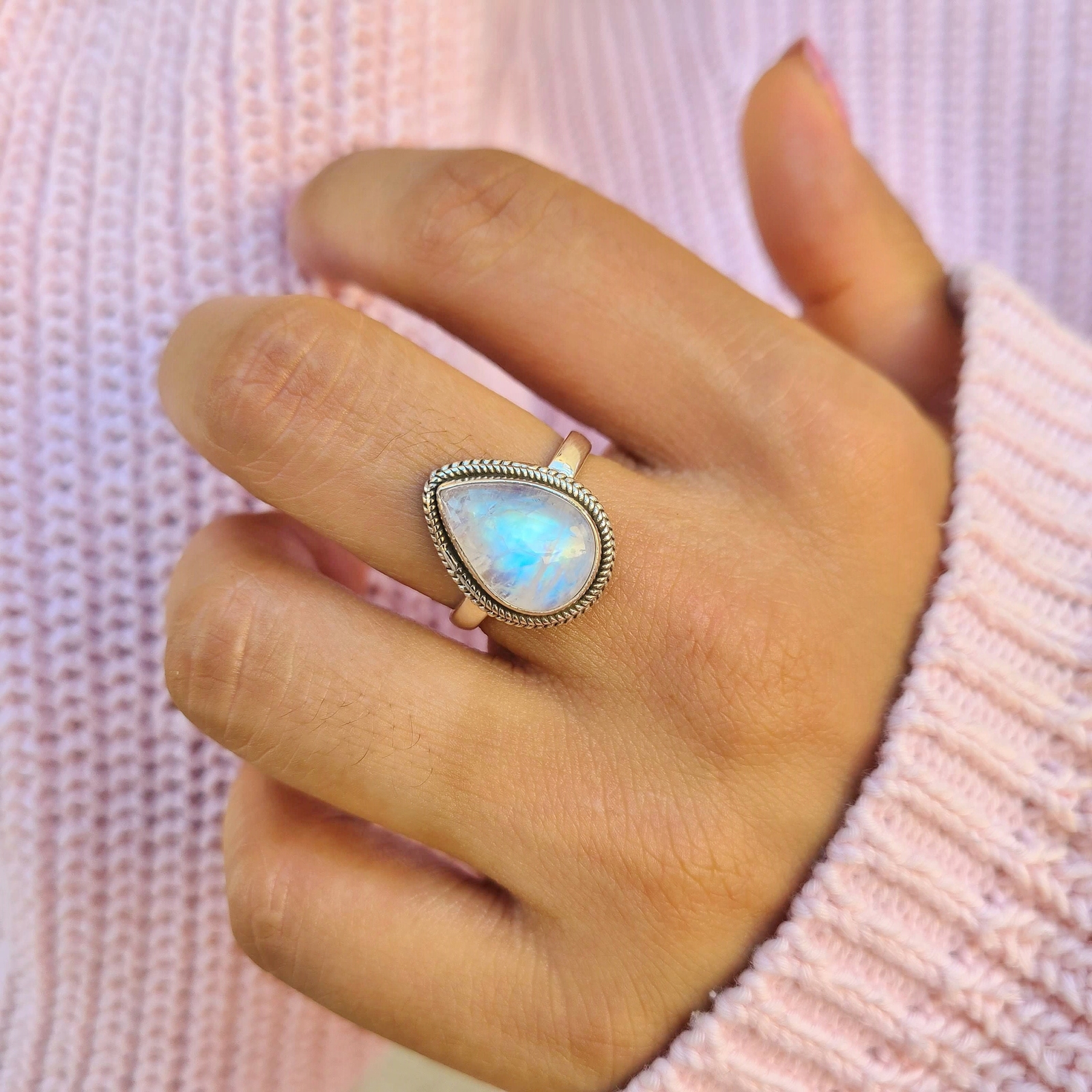 Genuine Moonstone 925 Sterling Silver Pear Shaped Ring Hand Made Ships From USA