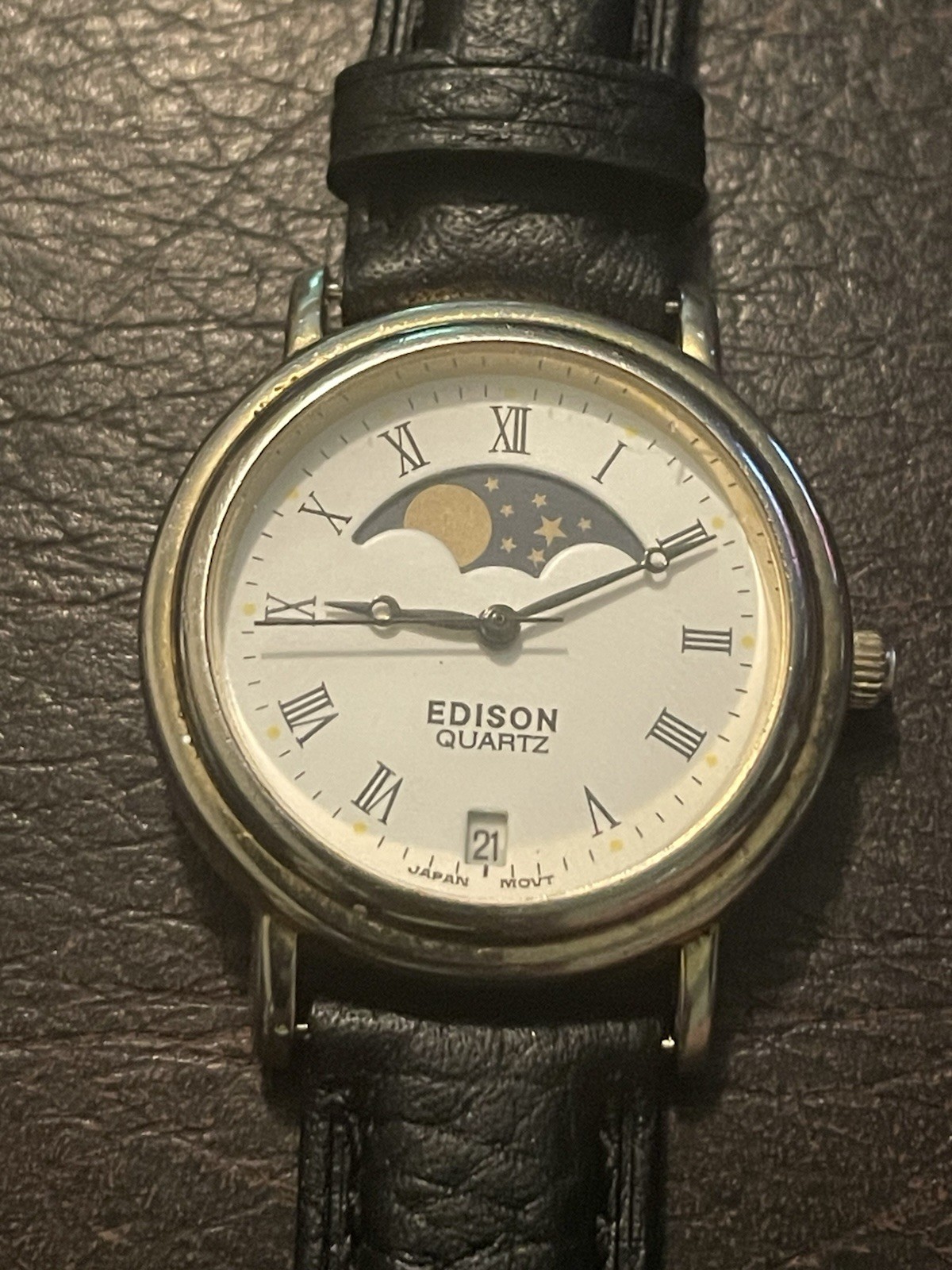 Vintage Edison Quartz Moon Phase Date Dress Watch Roman Dial Japan Movement Runs