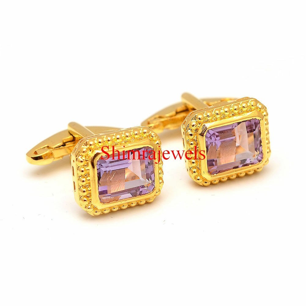 Natural Amethyst Gemstone With 18K Gold Plated Silver Cufflinks #60