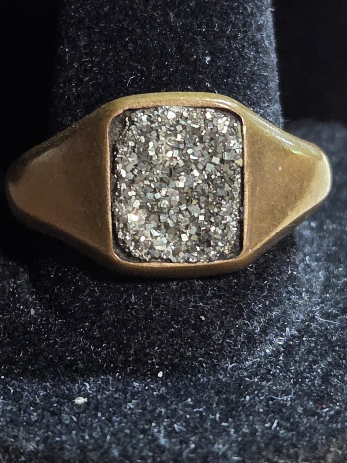 Pyrite Druzy Brass Signet Ring Size 10.25 Unisex Statement Band