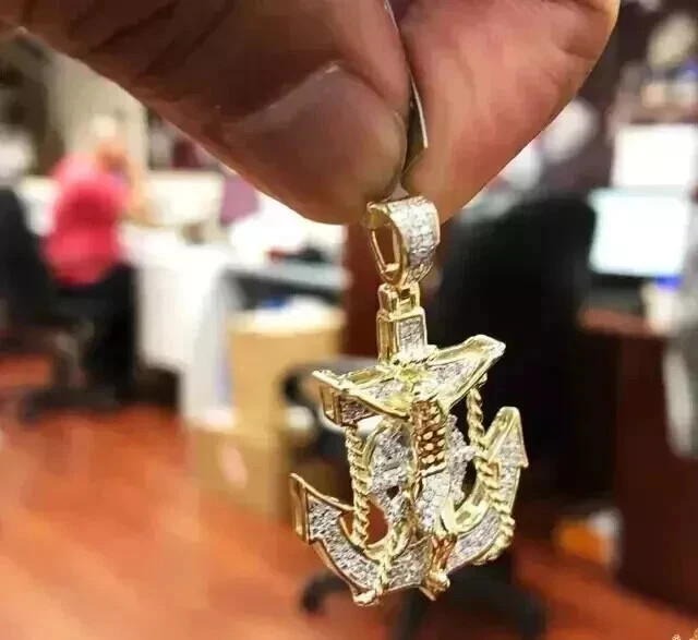 14K Yellow Gold Plated 3.Ct Round Moissanite Jesus Cross Mariner Anchor Pendant