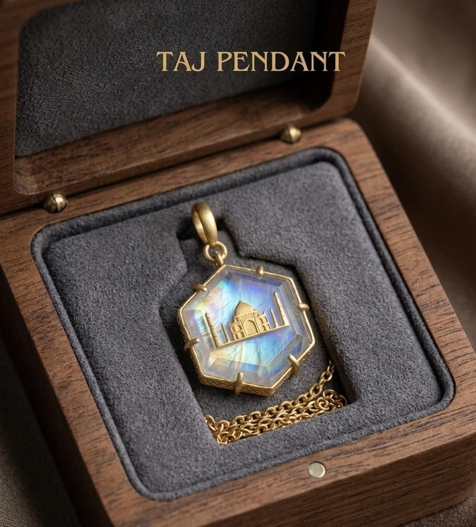 Natural Rainbow Moon Stone Taj mahal Pendant 925 sterling silver gold plated