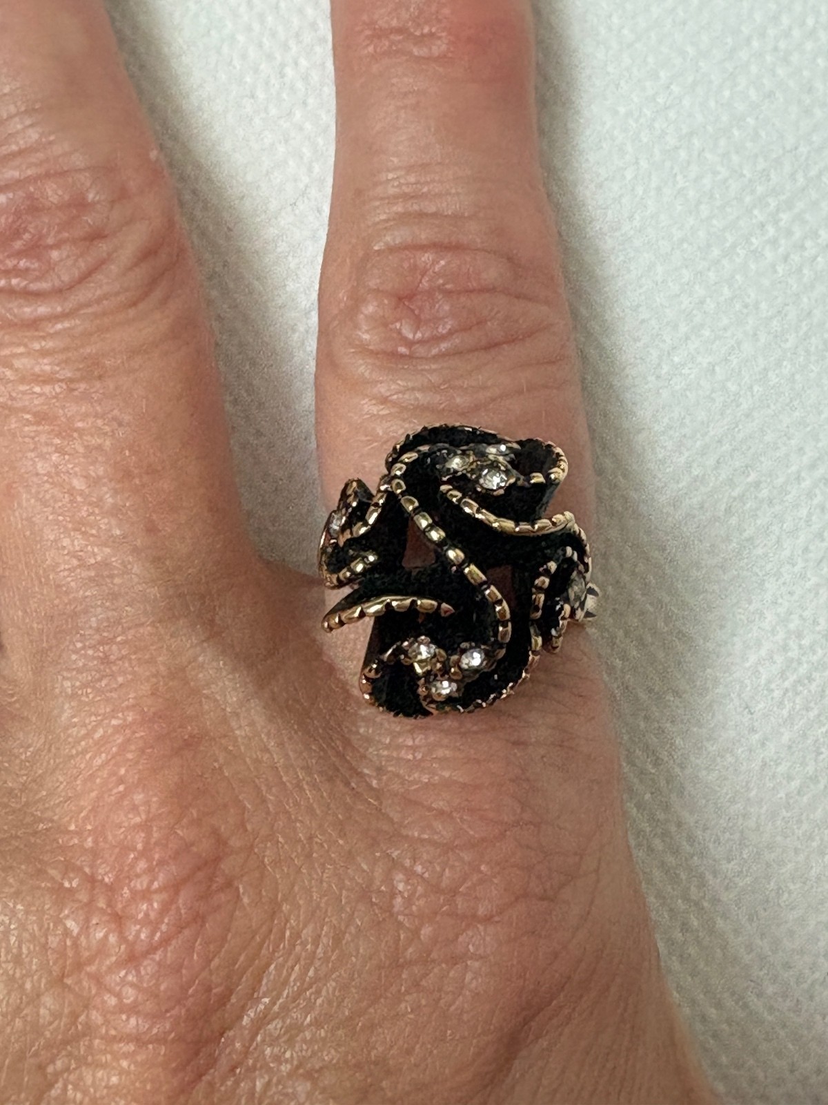 Vintage Gold-Tone Swirling Ring with Black Enamel and Clear Rhinestones, Gift-Ed