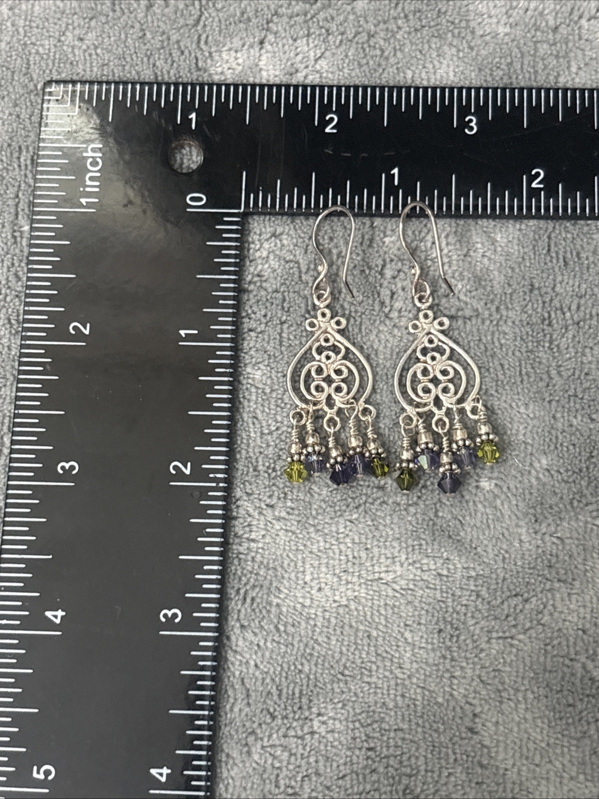 Vintage Sterling Silver Drop Earrings Green Purple Beads Dangle 6g 2”