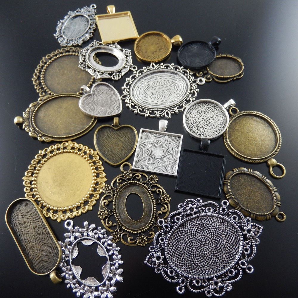 10Pcs Mixed Color Multi-Style Alloy Cameo Setting Base Pendant Jewelry Findings