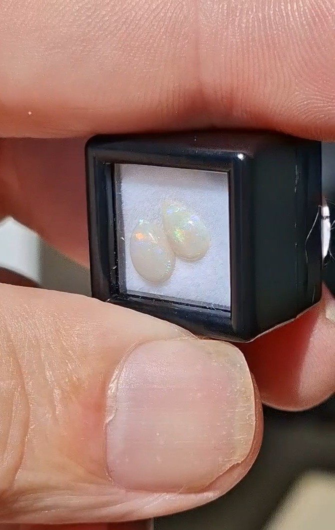 Natural Australian Lightning Ridge white Opals 5x7mm multicolour teardrop pair.