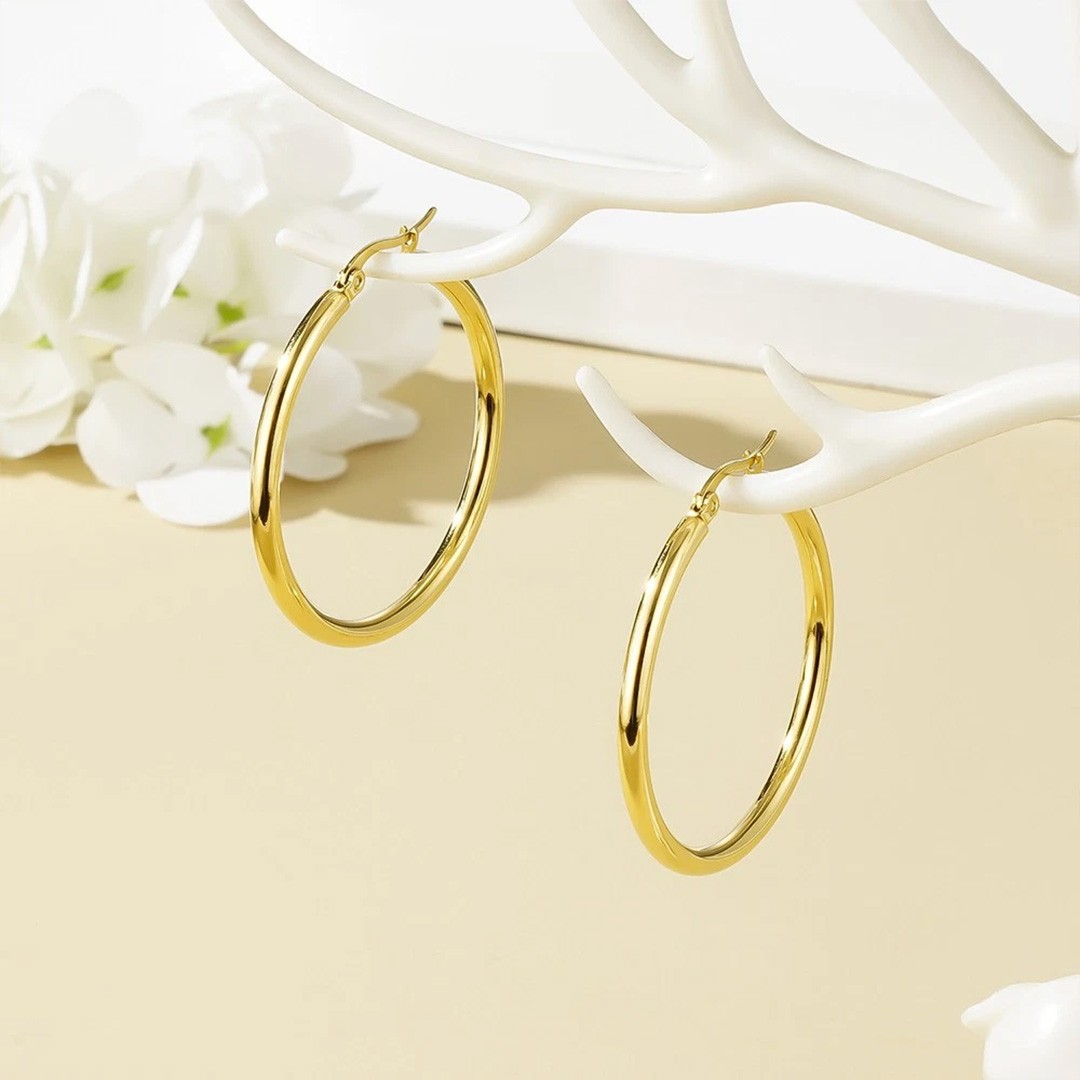 35mm 14K Real Solid Yellow Gold Shiny Polished Round Creole Hoop Earrings Gift